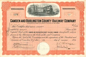 Camden and Burlington County Railway Co. - 1939 dated New Jersey Railroad Stock Certificate